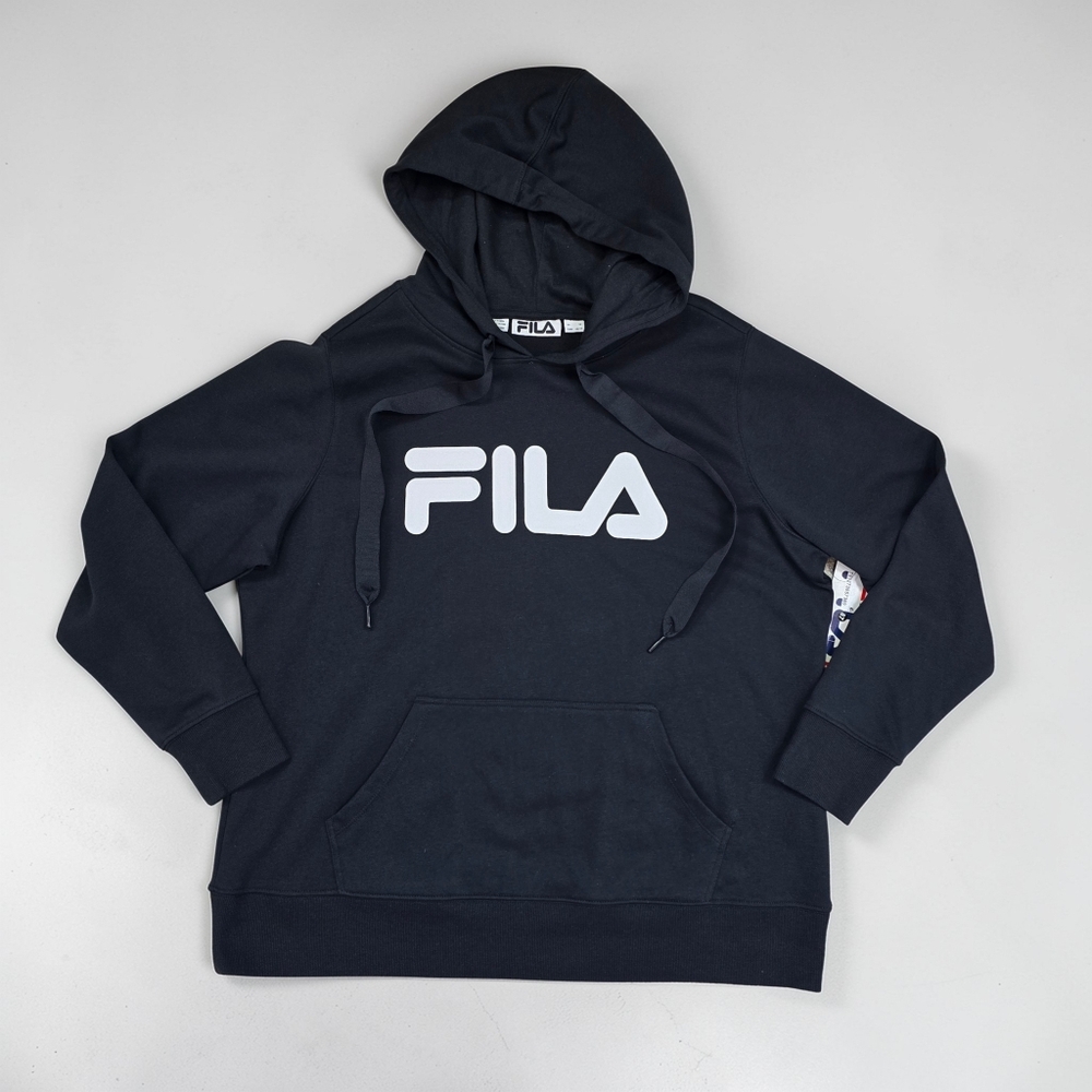 FILA Curve Pullover Hoodie Womens 1X Black White Logo Fleece NWT